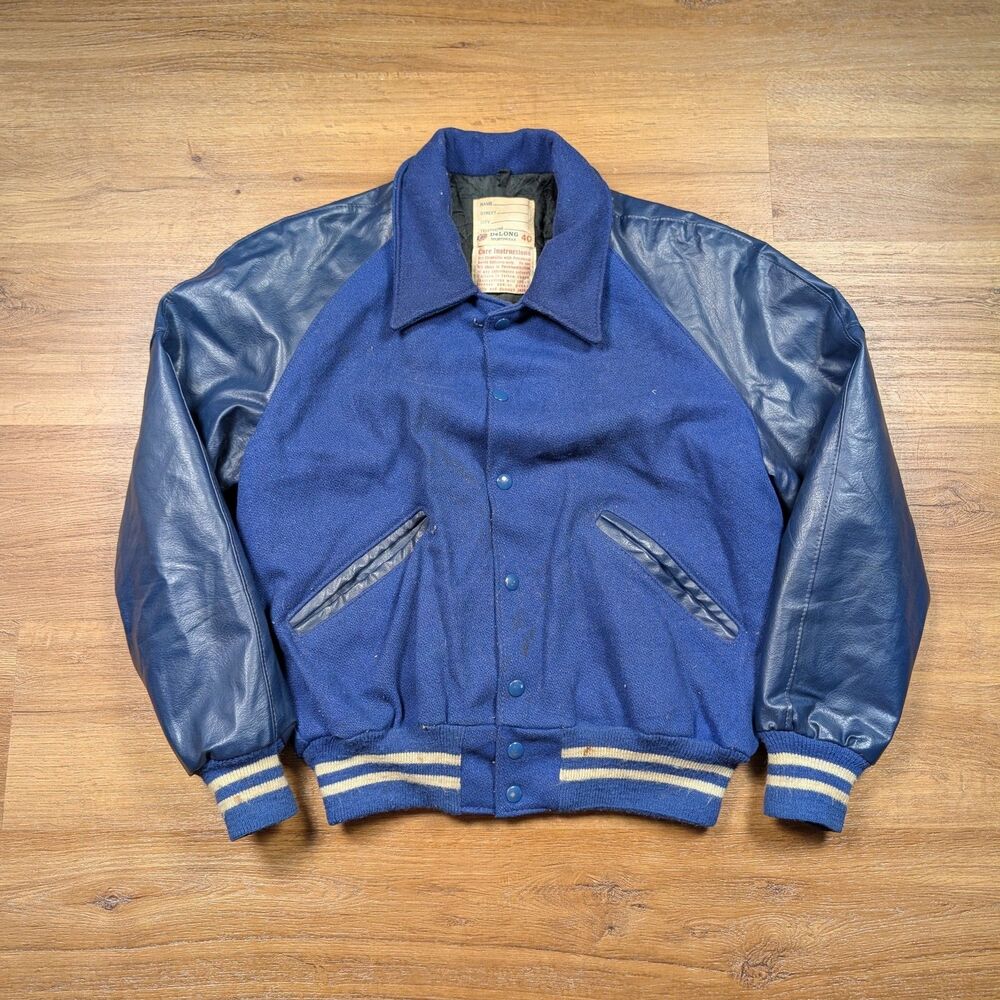 Vintage DeLong Varsity Letterman Jacket Men's 40 Blue Wool 70s 80s Blank